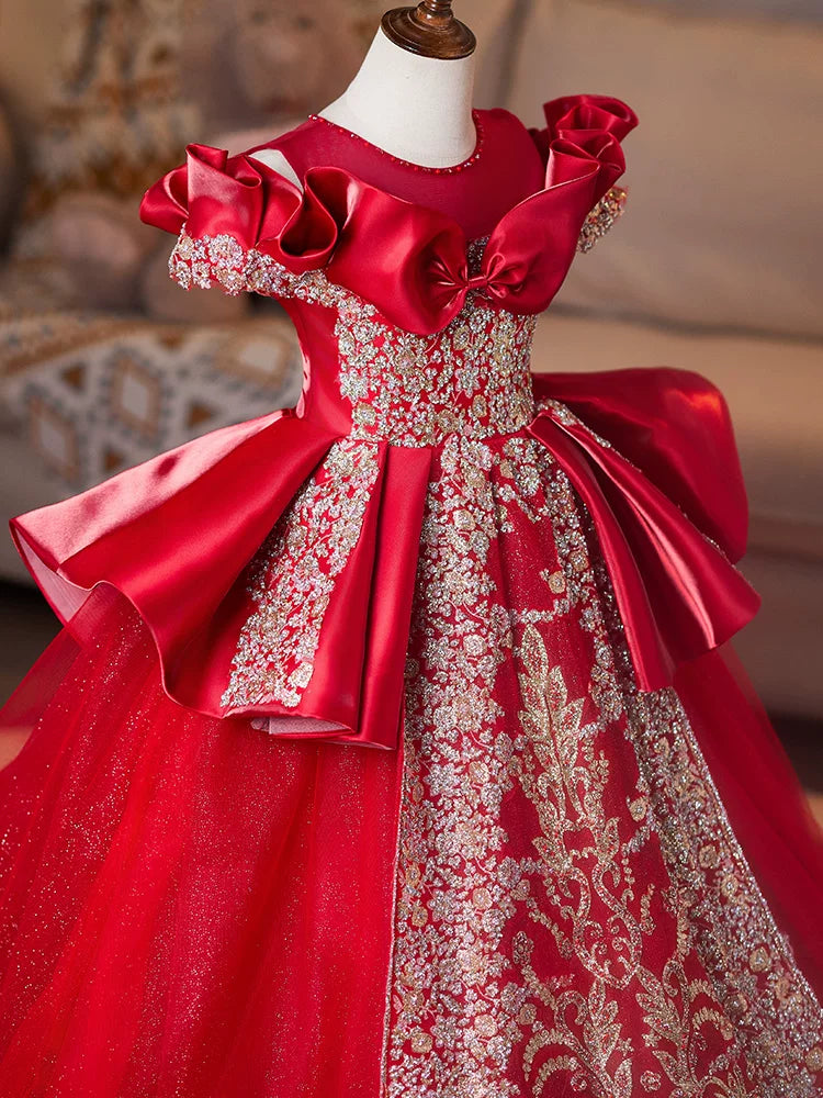 Red Sequin Princess Maxi Dress for Girls | Tiered Birthday & Flower Girl Gown