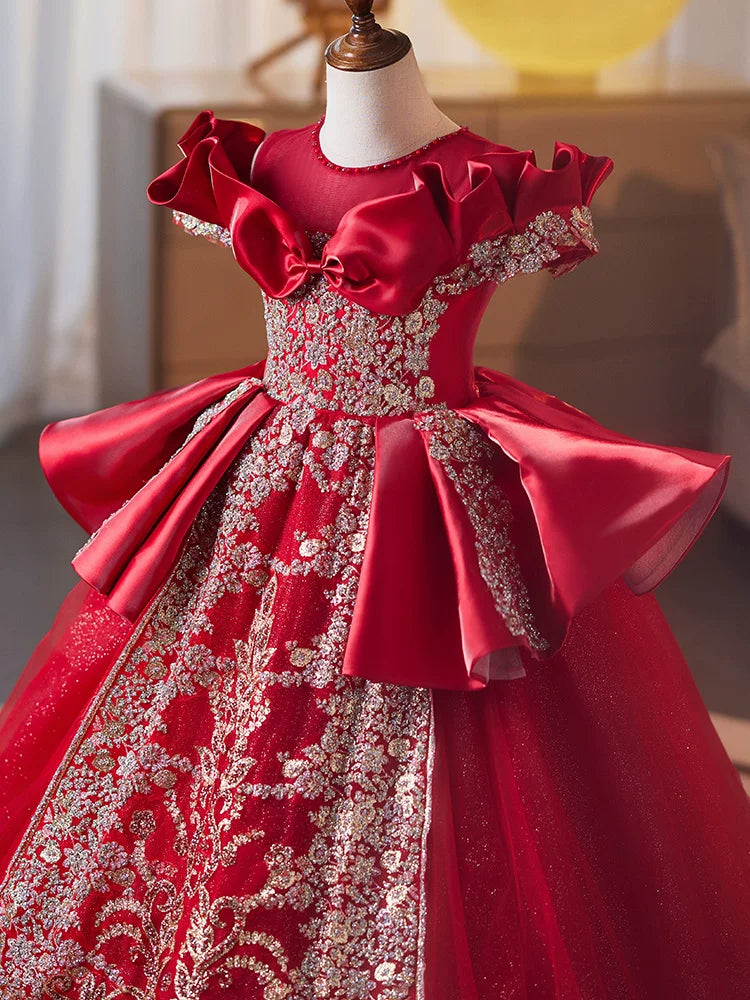 Red Sequin Princess Maxi Dress for Girls | Tiered Birthday & Flower Girl Gown
