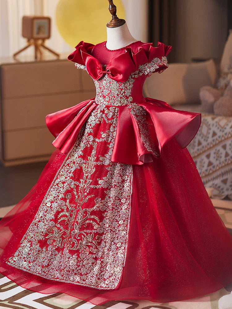Red Sequin Princess Maxi Dress for Girls | Tiered Birthday & Flower Girl Gown
