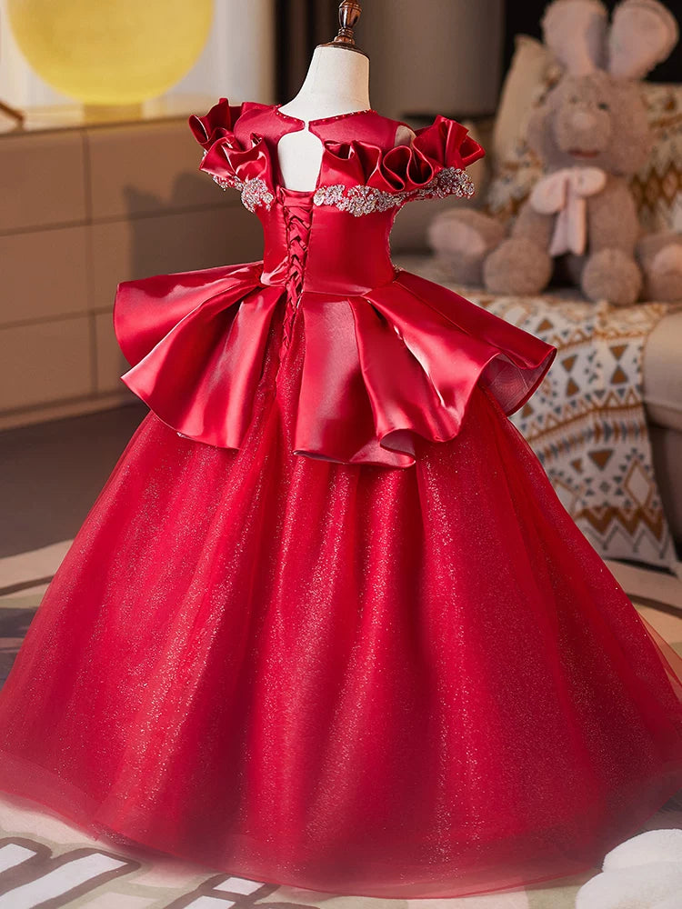 Red Sequin Princess Maxi Dress for Girls | Tiered Birthday & Flower Girl Gown
