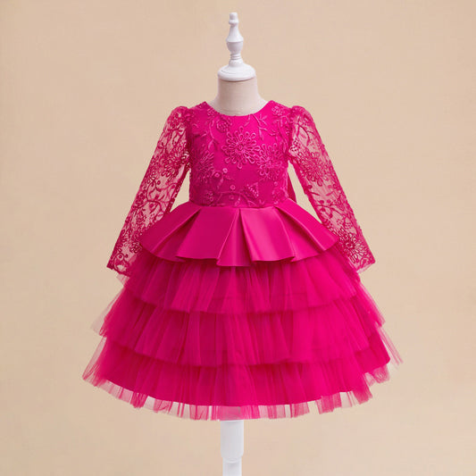 Rose Red Long Sleeve Princess Dress for Girls, A-Line Tea Length Party Dress 3-8Y