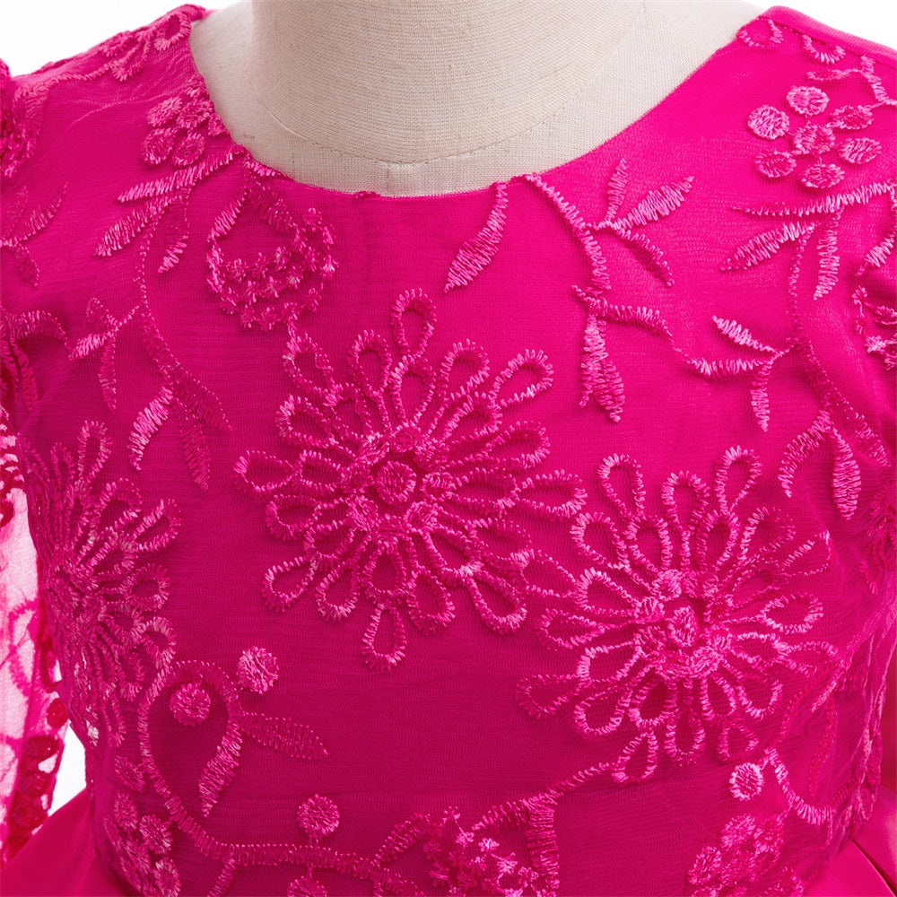 Rose Red Long Sleeve Princess Dress for Girls, A-Line Tea Length Party Dress 3-8Y