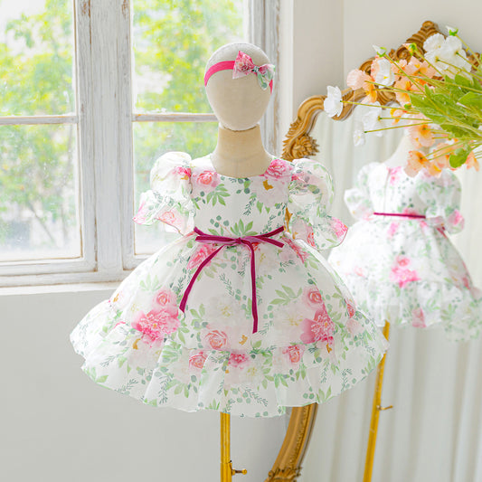 Rose Red Floral Puffy Dress for Girls - Infant & Toddler Party Gown