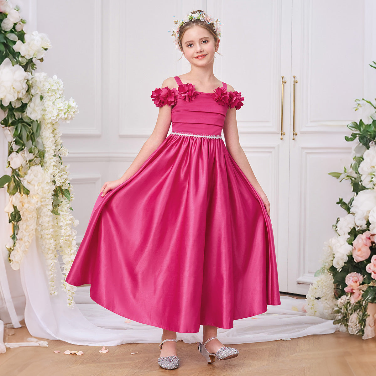 Rose Red Satin Off-Shoulder Flower Girl Maxi Dress - Cute A-Line Party Gown