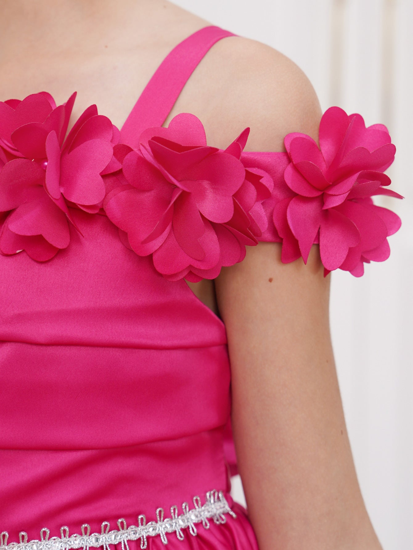 Rose Red Satin Off-Shoulder Flower Girl Maxi Dress - Cute A-Line Party Gown
