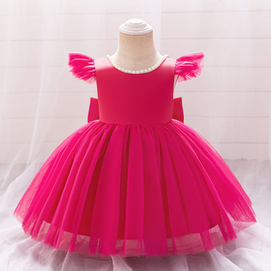 Rose Red Princess Ball Gown Dress for Girls | Puffy Flower Girl Dress Tea Length