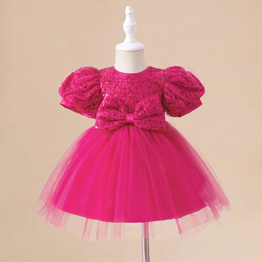 Rose Red Sequin Princess Ball Gown for Girls - Puff Sleeve Party Dress