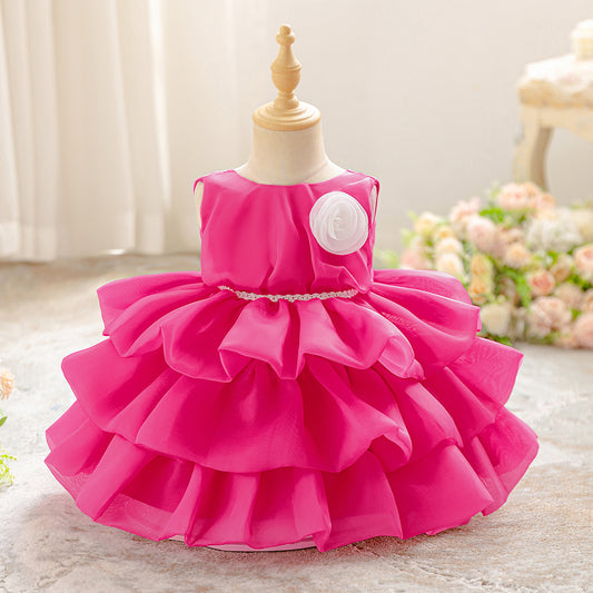 Rose Red Tiered Organza Ball Gown Dress for Girls | Cute Puffy Flower Girl Birthday Party Dress