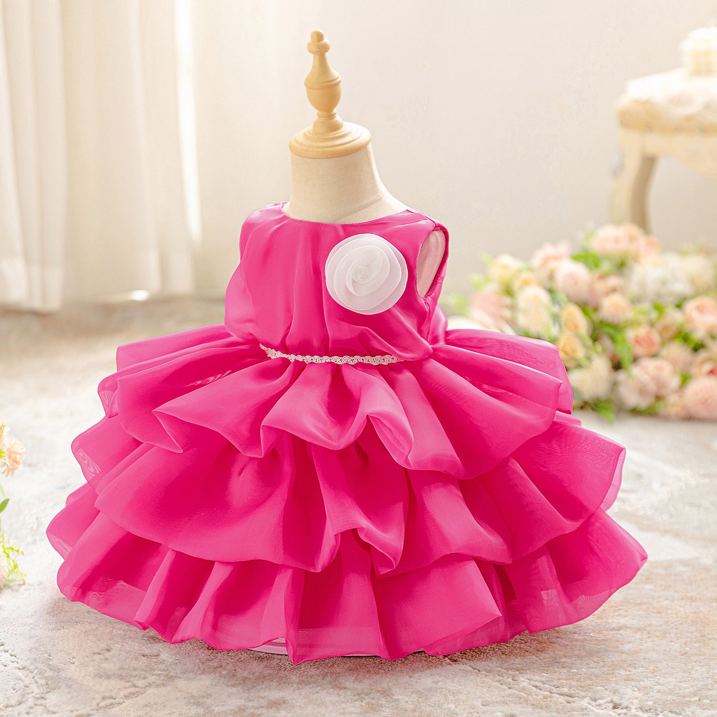 Rose Red Tiered Organza Ball Gown Dress for Girls | Cute Puffy Flower Girl Birthday Party Dress