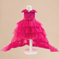 Rose Red Tiered Tulle Flower Girl Dress with Train