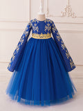 Royal Blue Embroidered A-Line Tulle Maxi Dress for Girls