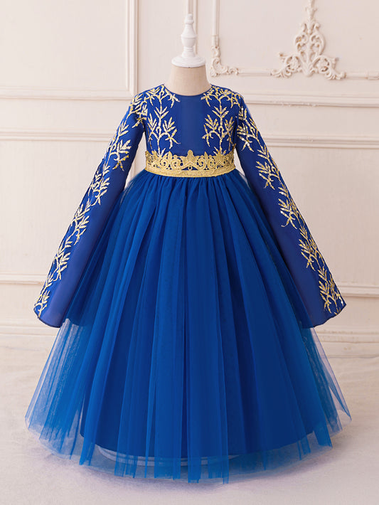 Royal Blue A-Line Tulle Maxi Dress with Embroidery for Girls | Cute & Playful Long Sleeve Gown