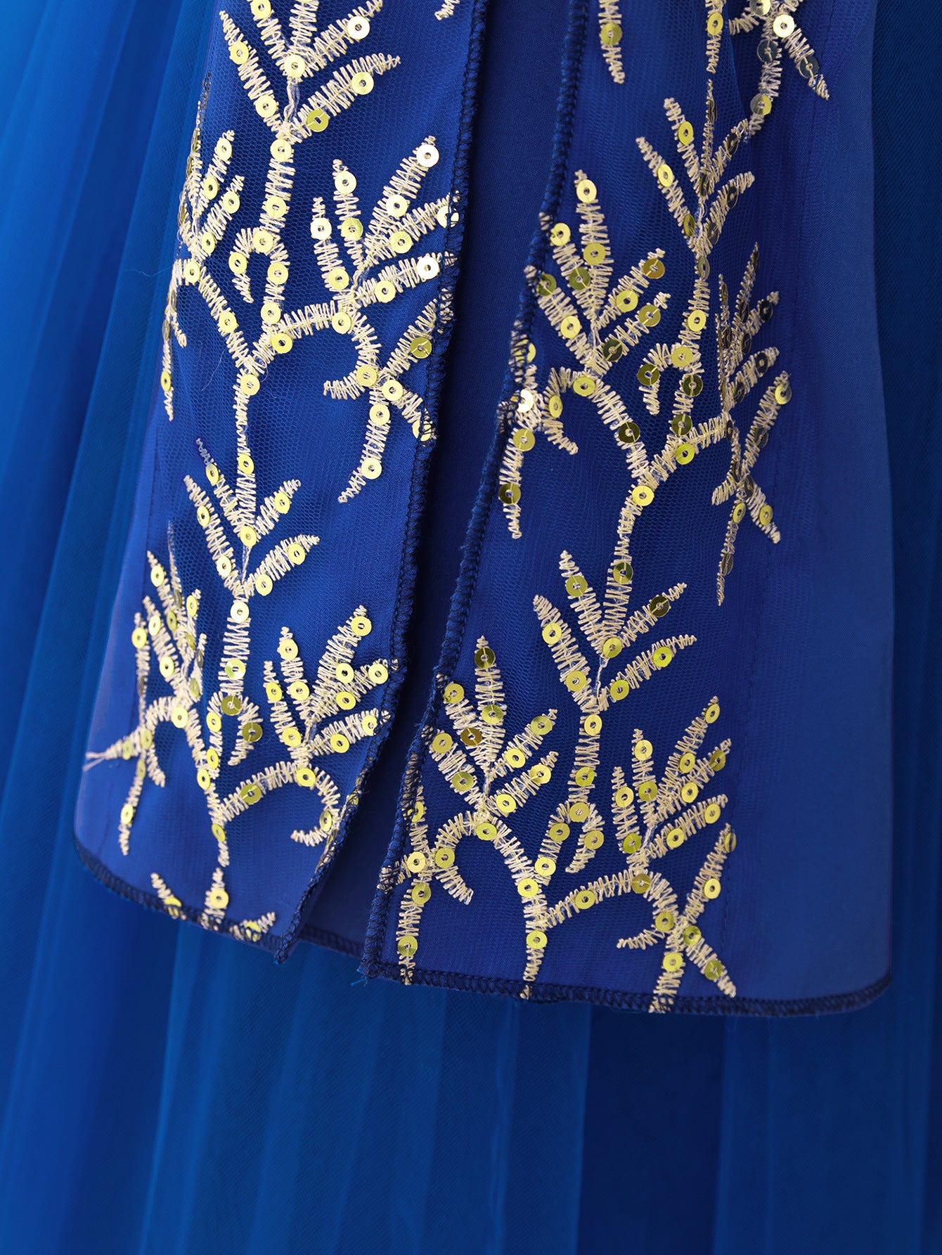 Royal Blue A-Line Tulle Maxi Dress with Embroidery for Girls | Cute & Playful Long Sleeve Gown