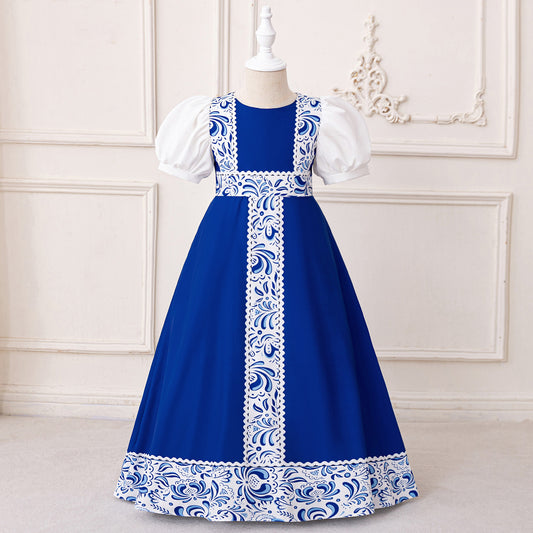 Royal Blue Floral Print Maxi Princess Dress for Girls Aged 3-8 | Elegant Flower Girl & Party Gown