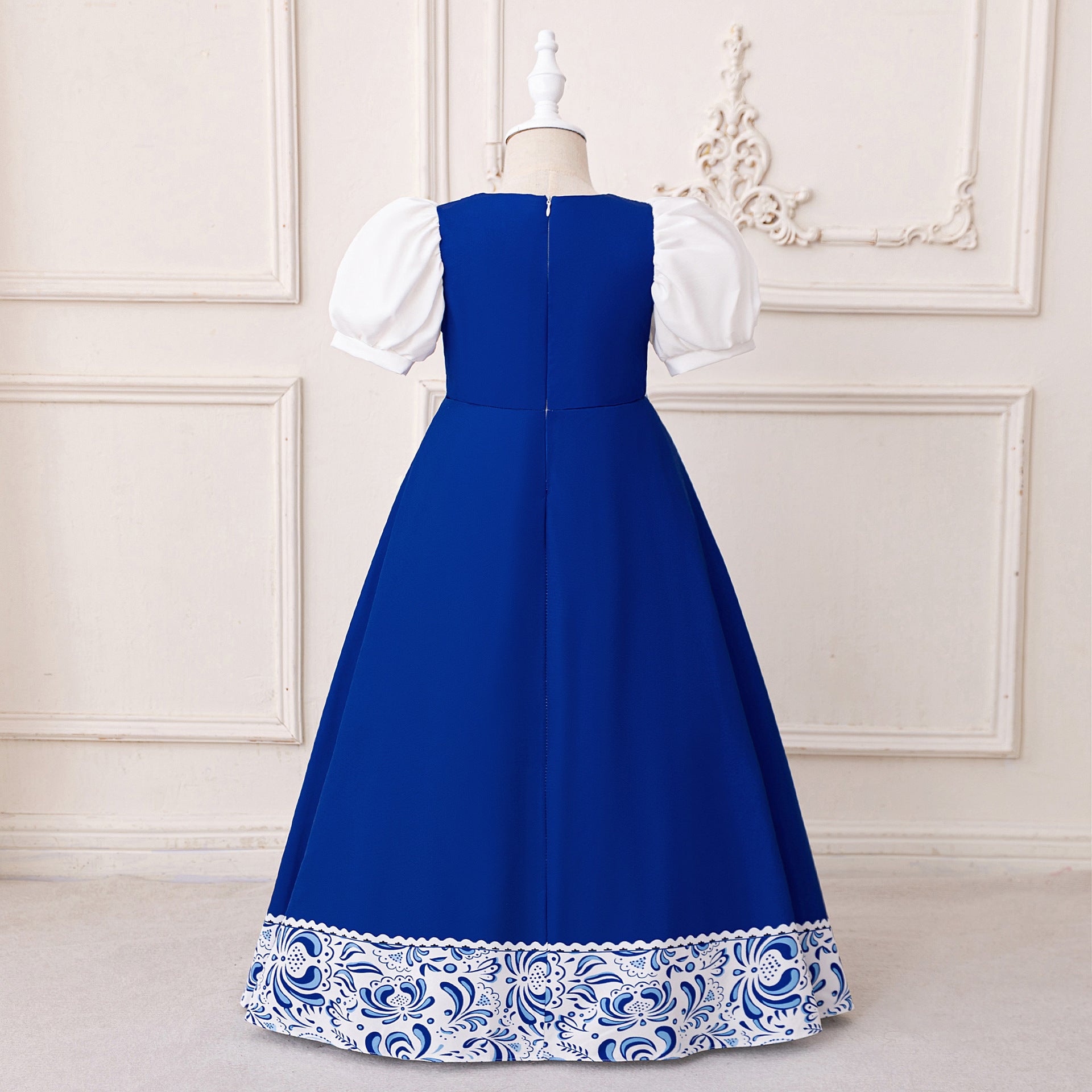 Royal Blue Floral Print Maxi Princess Dress for Girls Aged 3-8 | Elegant Flower Girl & Party Gown