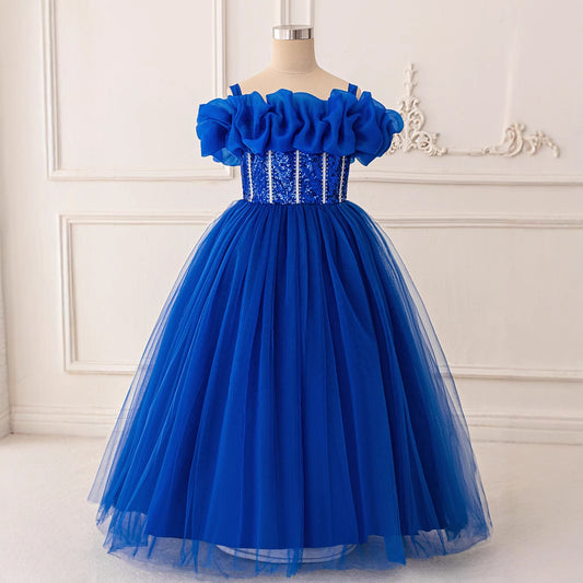 Royal Blue Sequin Off-Shoulder Princess Dress for Girls (Ages 5-13) | Maxi Tulle Formal Gown