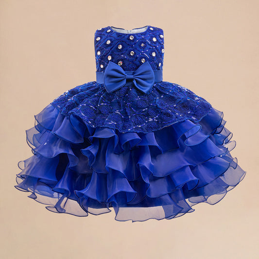 Royal Blue Puffy Flower Girl Dress with Sequins, Embroidery & Bowknots | Cute Princess Gown