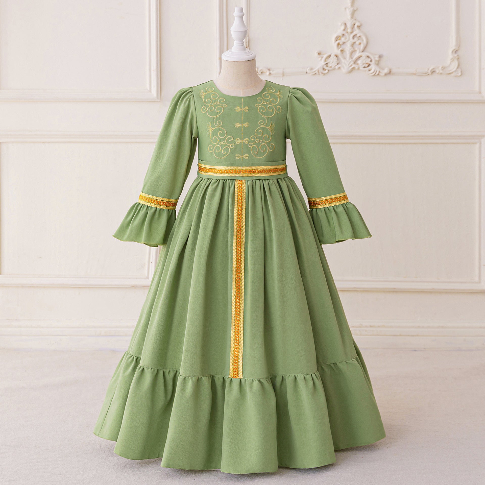 Sage Green A-Line Maxi Dress with Embroidery & Bowknot for Girls | Party & Formal Outfit