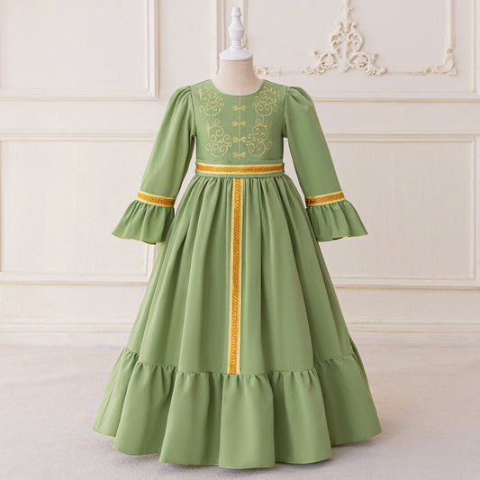 Sage Green A-Line Maxi Dress with Embroidery & Bowknot for Girls | Party & Formal Outfit
