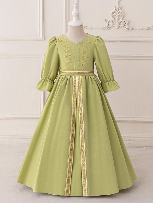 Sage Green Embroidered Maxi Dress with Bowknot for Girls (Ages 3-8)