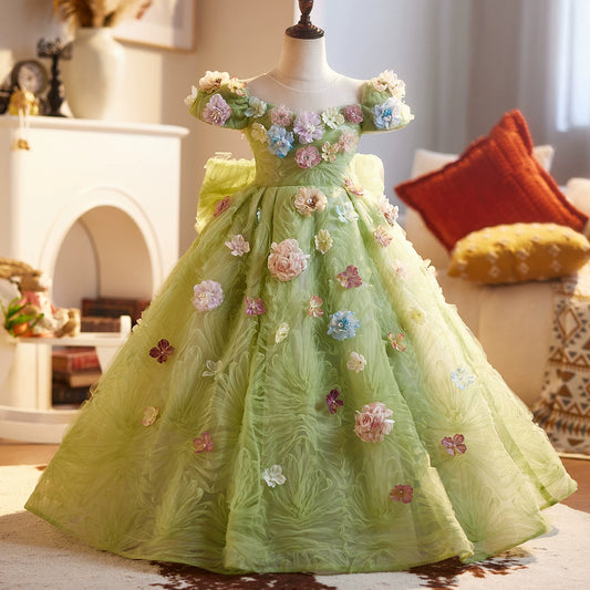 Sage Green Fairy Maxi Dress with Flowers and Bow – Kids Formal & Flower Girl Gown