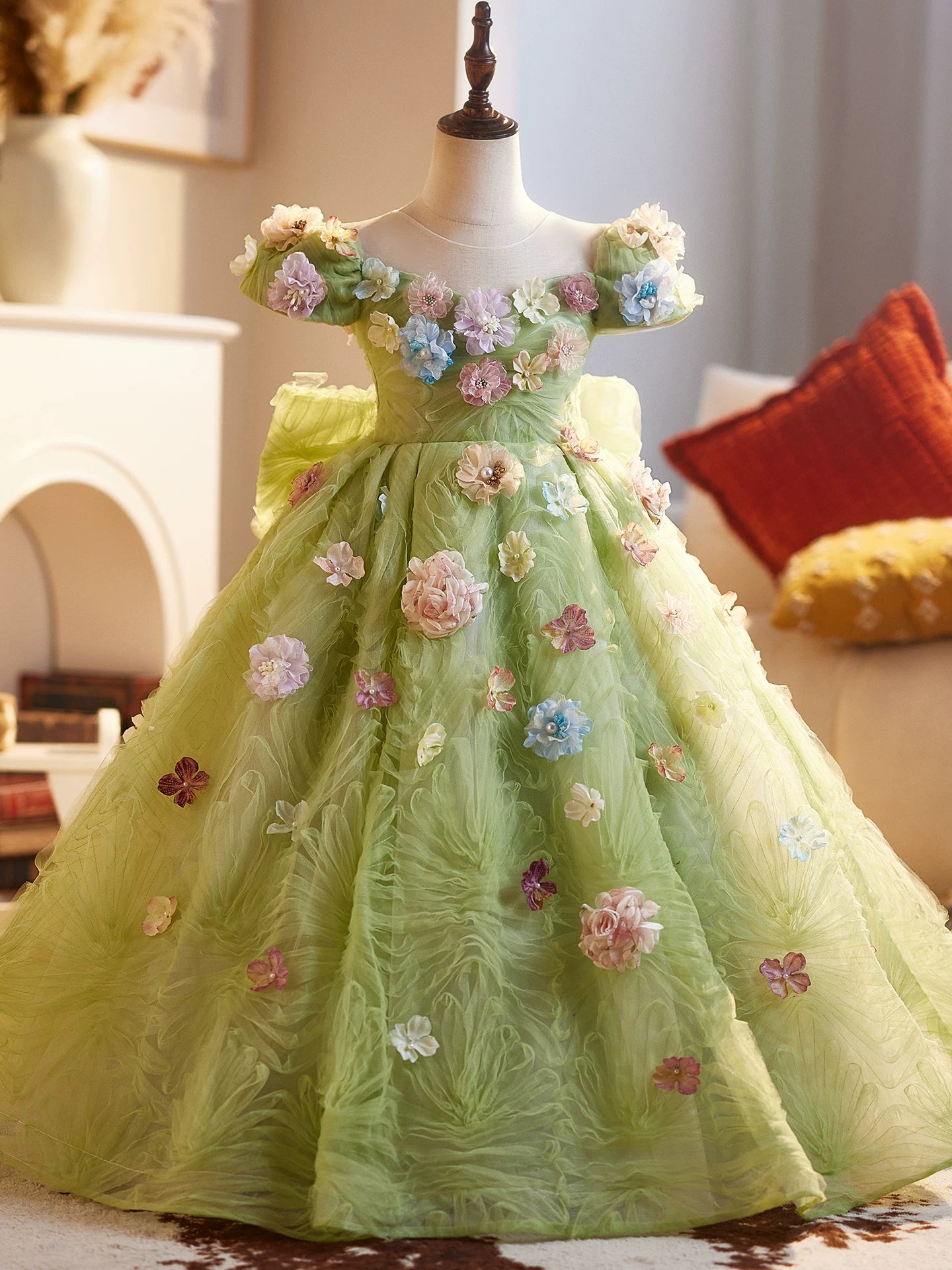 Sage Green Fairy Maxi Dress with Flowers and Bow – Kids Formal & Flower Girl Gown