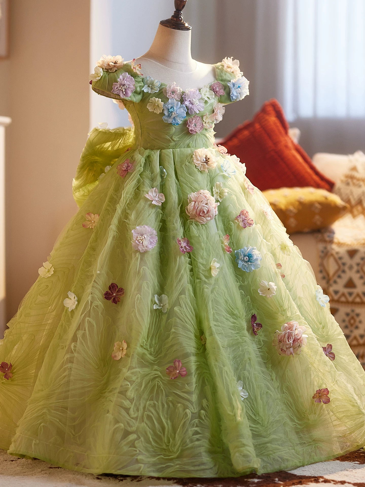 Sage Green Fairy Maxi Dress with Flowers and Bow – Kids Formal & Flower Girl Gown