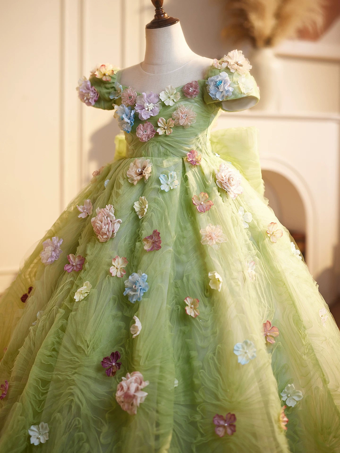 Sage Green Fairy Maxi Dress with Flowers and Bow – Kids Formal & Flower Girl Gown