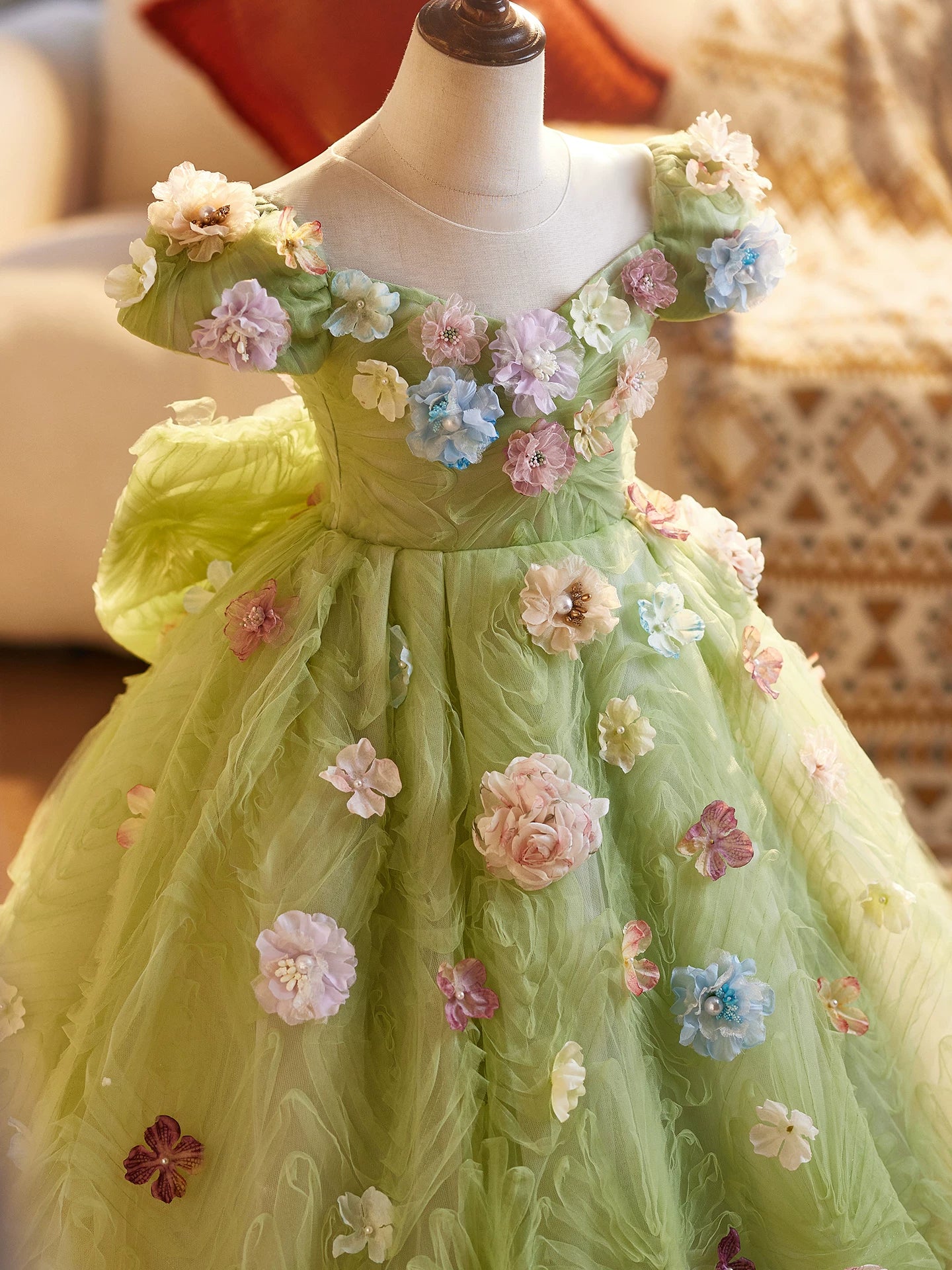 Sage Green Fairy Maxi Dress with Flowers and Bow – Kids Formal & Flower Girl Gown