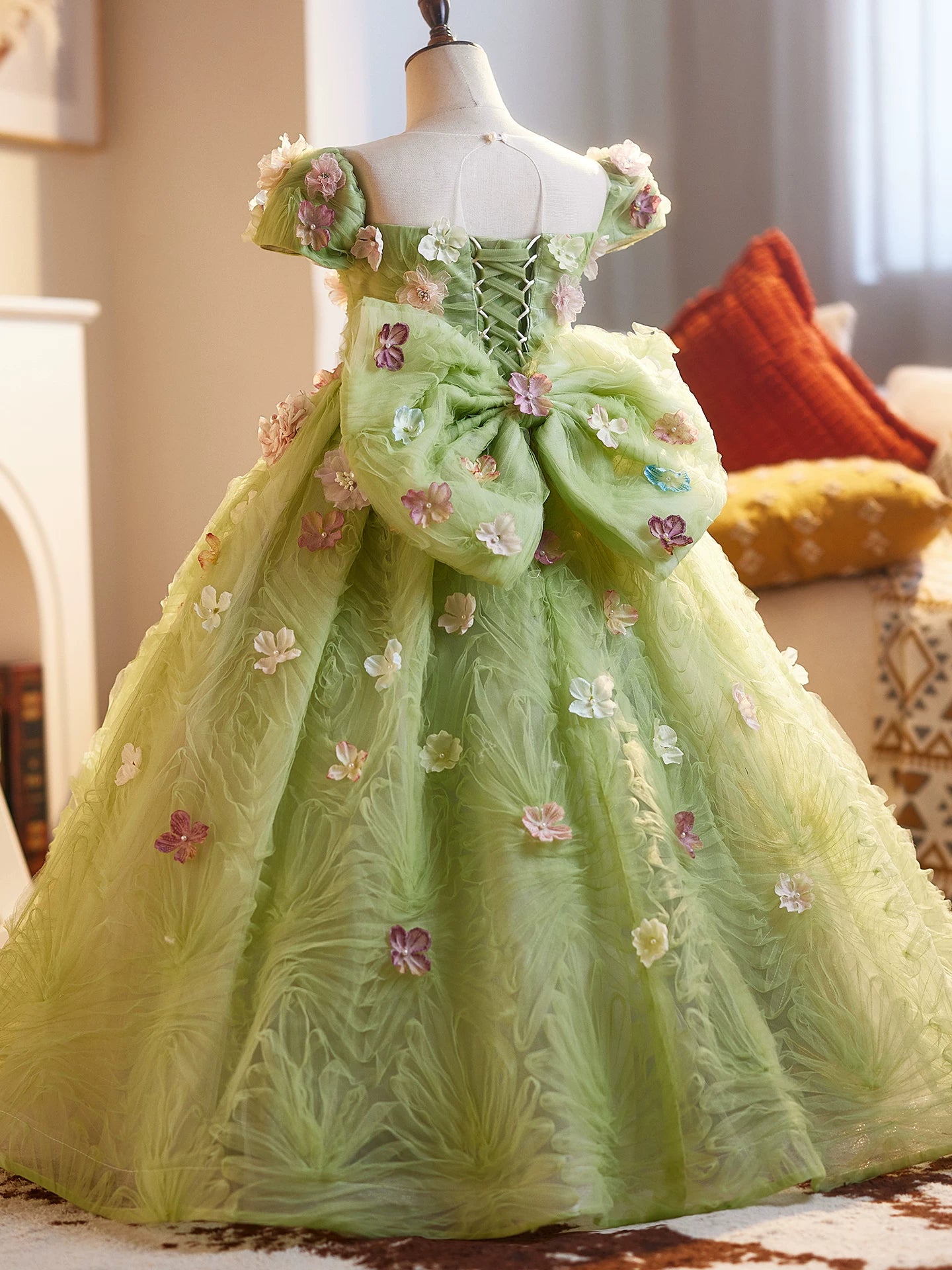 Sage Green Fairy Maxi Dress with Flowers and Bow – Kids Formal & Flower Girl Gown