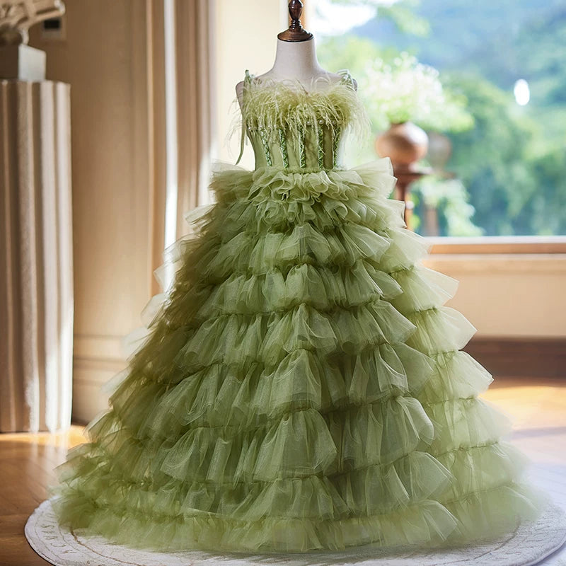 Sage Green Off-Shoulder Tiered Maxi Dress for Girls – Party & Formal Wear