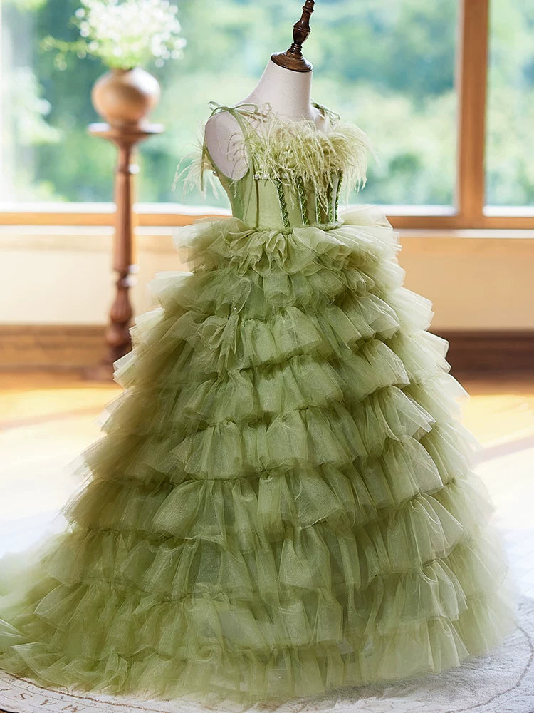 Sage Green Off-Shoulder Tiered Maxi Dress for Girls – Party & Formal Wear