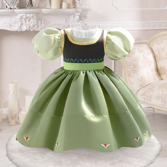 Sage Green A-Line Embroidered Princess Dress for Little Girls | Satin Tea Length Party Gown
