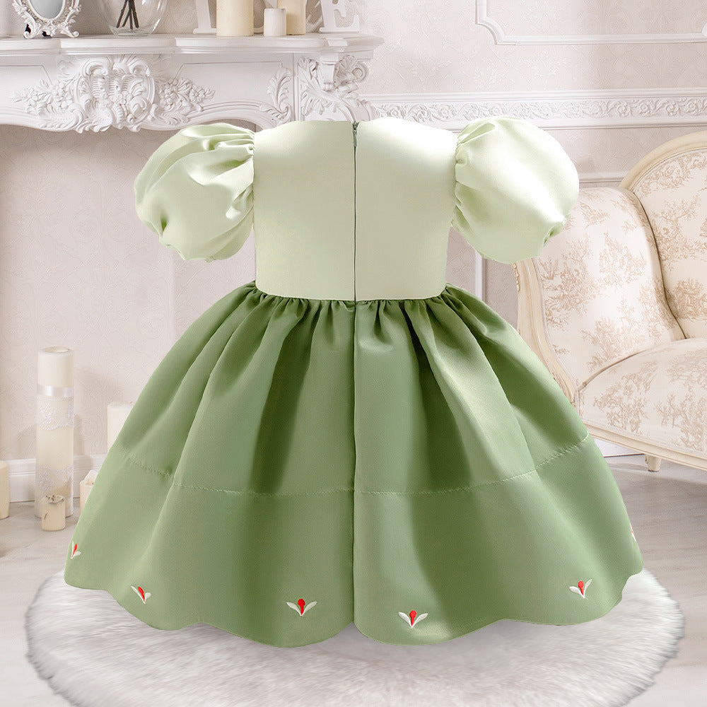 Sage Green A-Line Embroidered Princess Dress for Little Girls | Satin Tea Length Party Gown