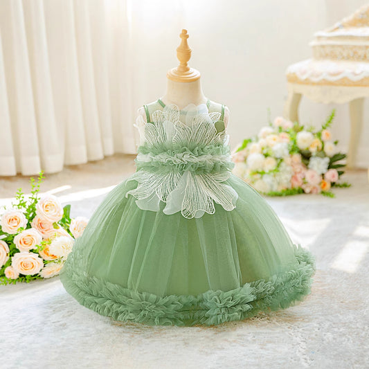 Sage Green Off-Shoulder Puffy Ball Gown for Baby Girls - Party & Wedding Dress