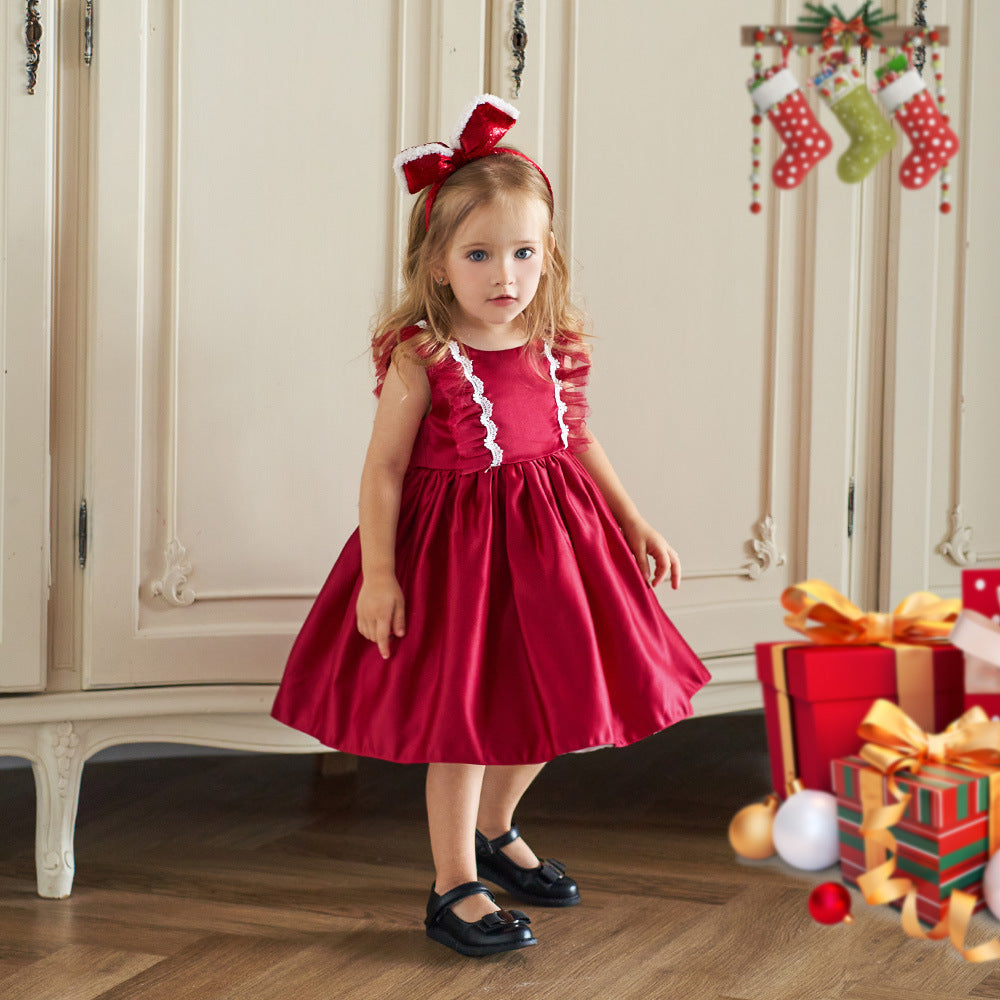 Cute Satin Lace A-Line Dress for Toddlers with Bow & Ruffles – Party & Wedding Princess Outfit