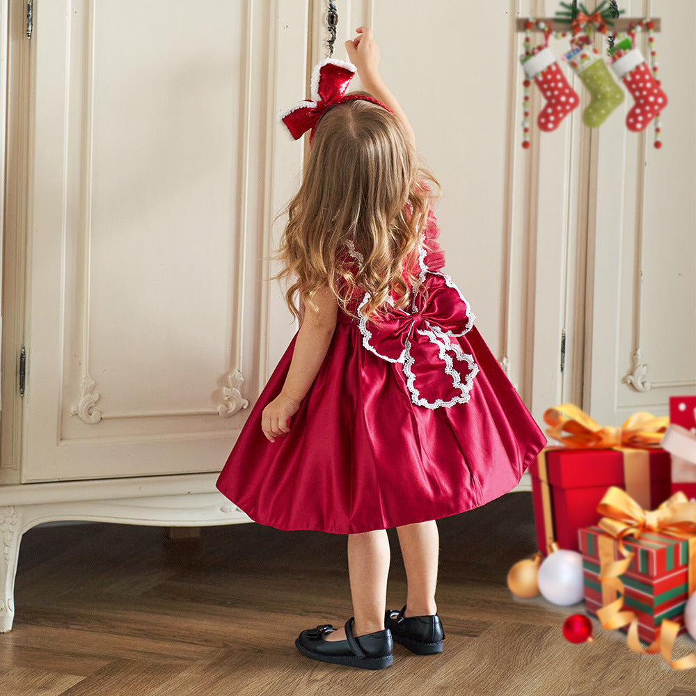 Cute Satin Lace A-Line Dress for Toddlers with Bow & Ruffles – Party & Wedding Princess Outfit