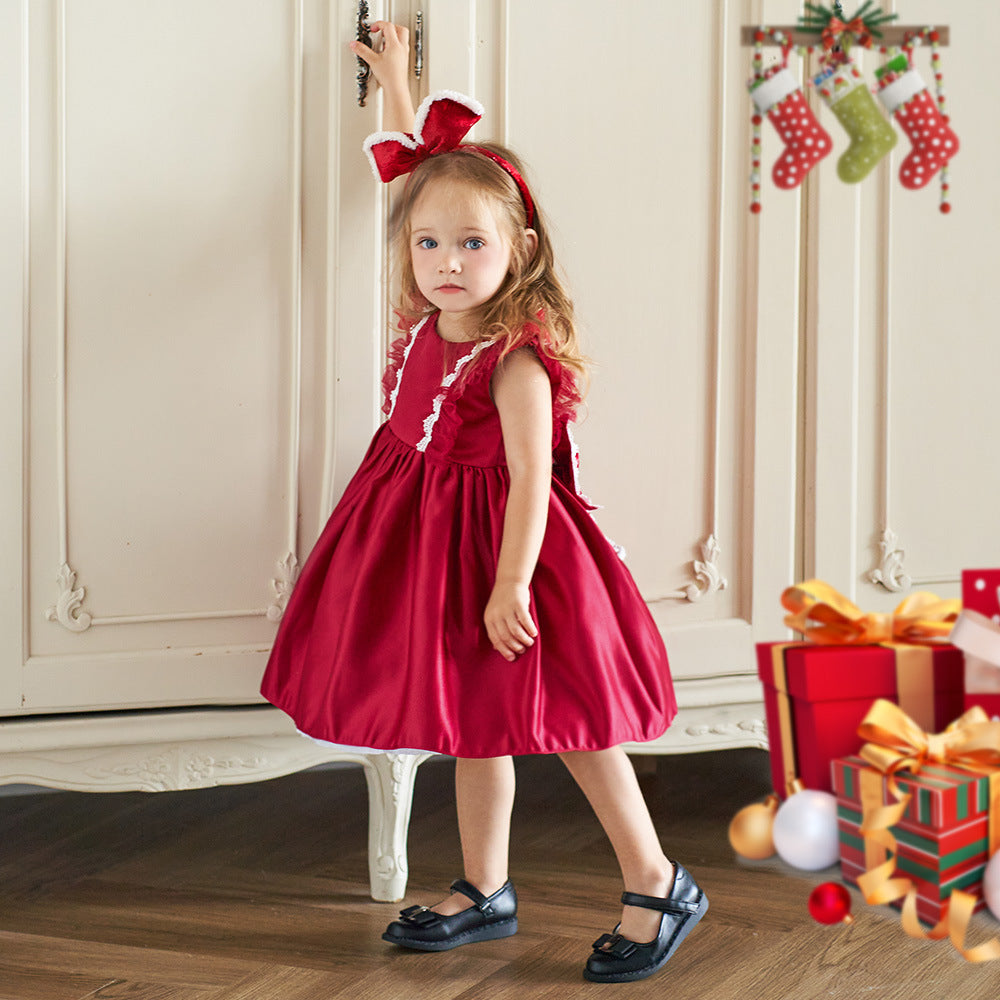 Cute Satin Lace A-Line Dress for Toddlers with Bow & Ruffles – Party & Wedding Princess Outfit