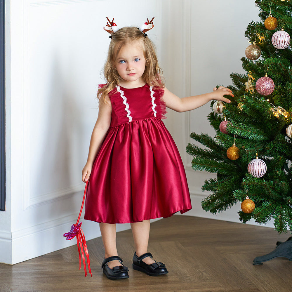 Cute Satin Lace A-Line Dress for Toddlers with Bow & Ruffles – Party & Wedding Princess Outfit