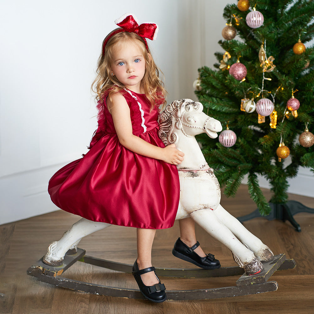 Cute Satin Lace A-Line Dress for Toddlers with Bow & Ruffles – Party & Wedding Princess Outfit