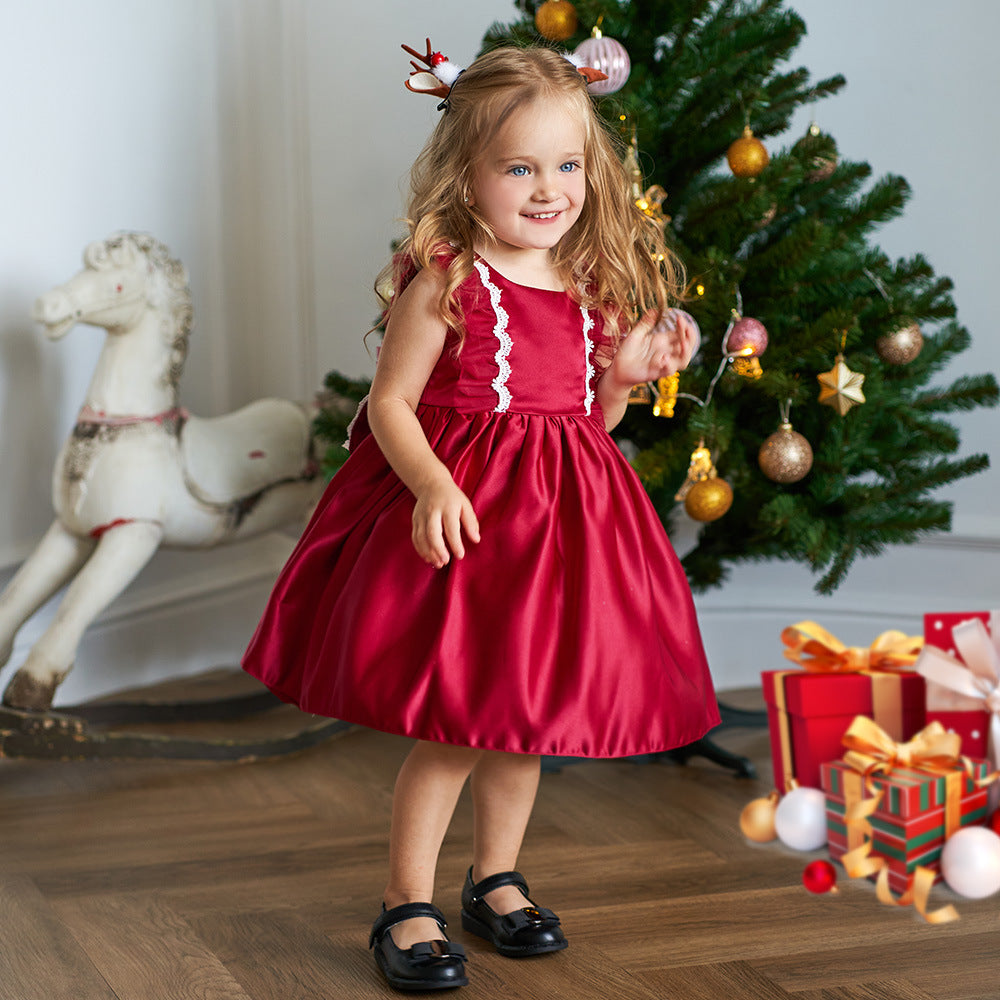 Cute Satin Lace A-Line Dress for Toddlers with Bow & Ruffles – Party & Wedding Princess Outfit