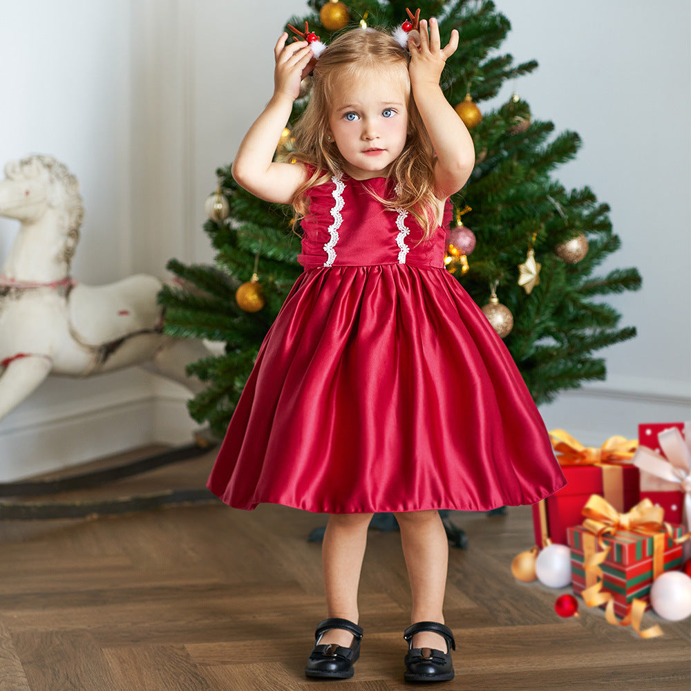 Cute Satin Lace A-Line Dress for Toddlers with Bow & Ruffles – Party & Wedding Princess Outfit