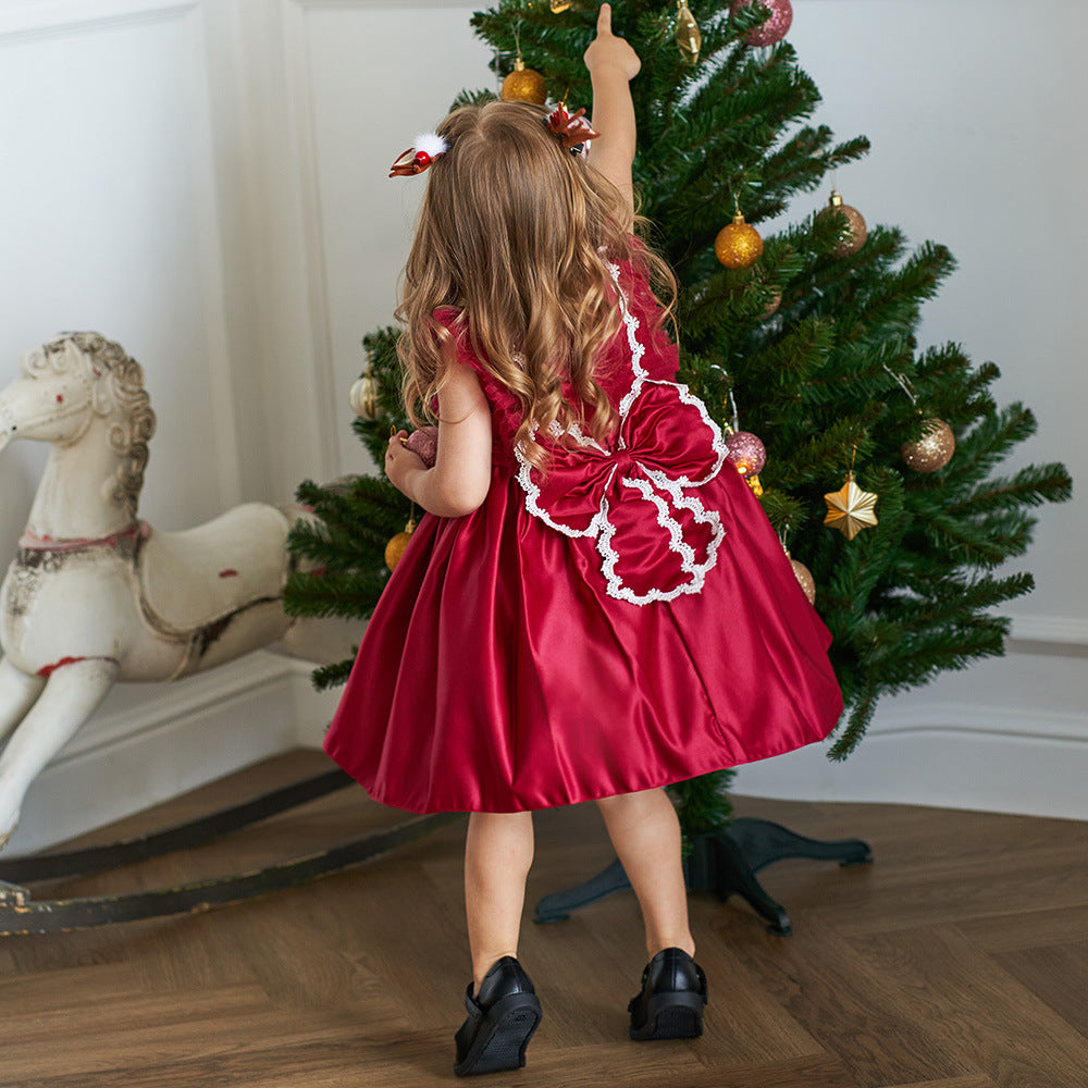 Cute Satin Lace A-Line Dress for Toddlers with Bow & Ruffles – Party & Wedding Princess Outfit