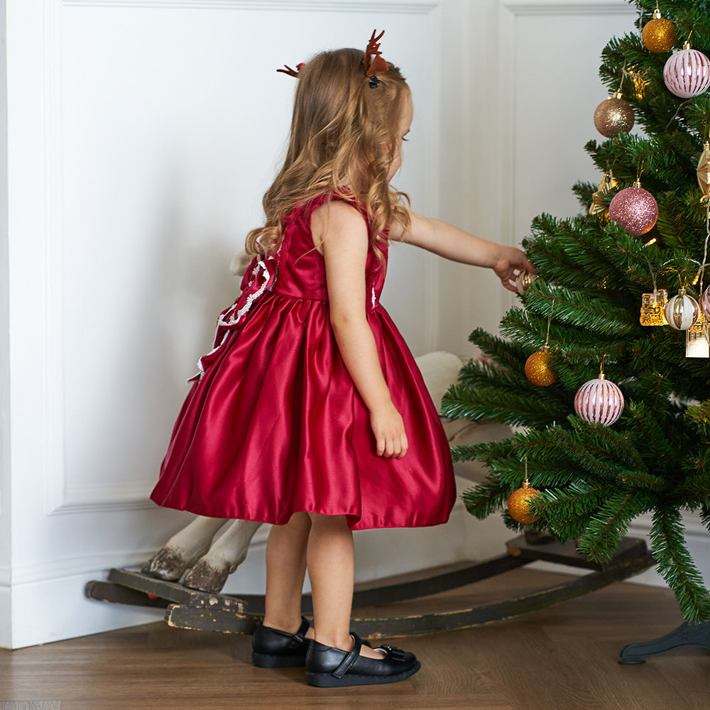 Cute Satin Lace A-Line Dress for Toddlers with Bow & Ruffles – Party & Wedding Princess Outfit