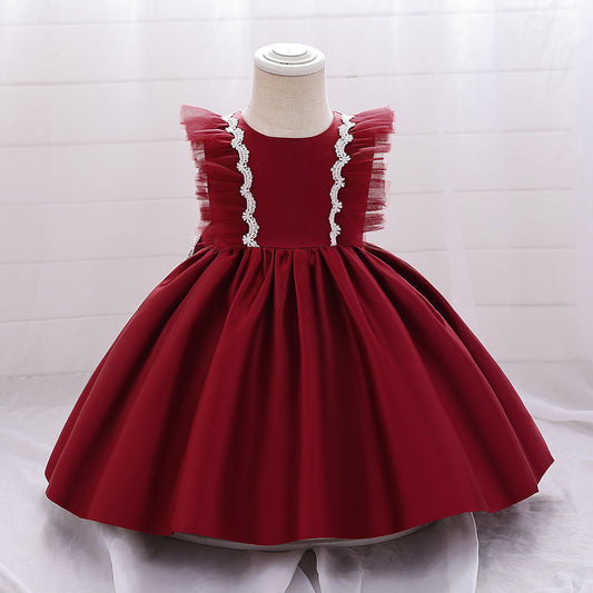 Cute Satin Lace A-Line Dress for Toddlers with Bow & Ruffles – Party & Wedding Princess Outfit