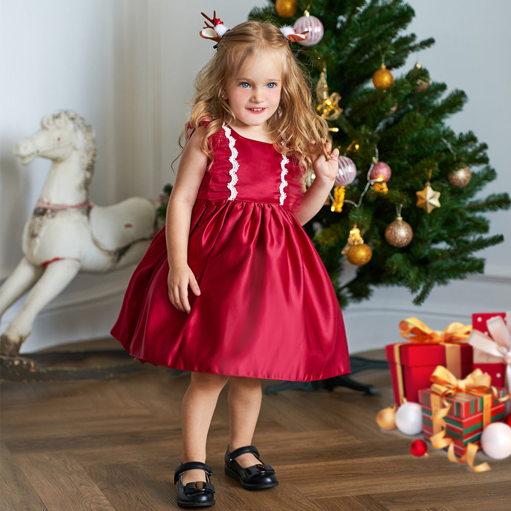 Cute Satin Lace A-Line Dress for Toddlers with Bow & Ruffles – Party & Wedding Princess Outfit