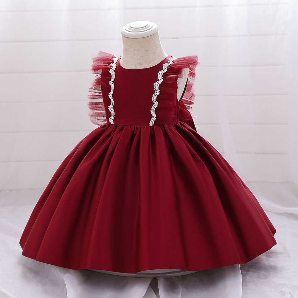 Cute Satin Lace A-Line Dress for Toddlers with Bow & Ruffles – Party & Wedding Princess Outfit