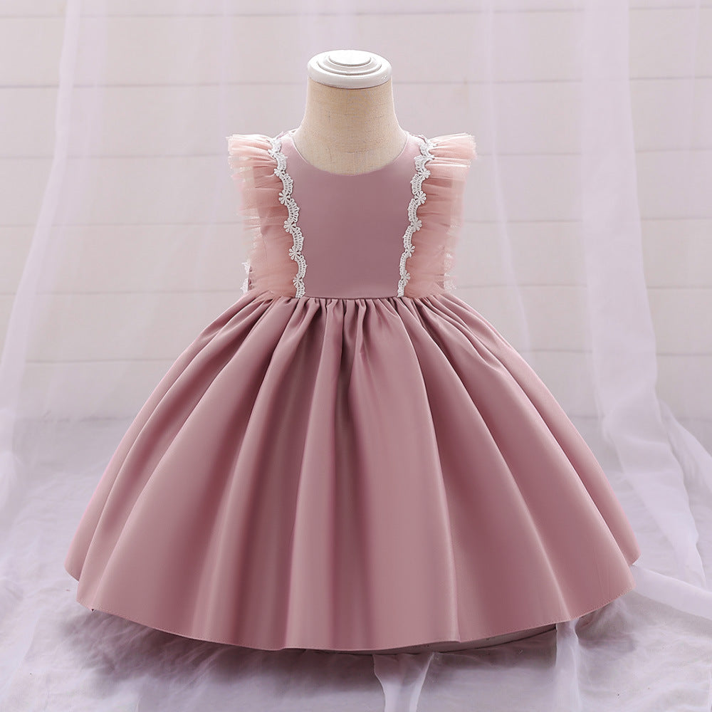 Cute Satin Lace A-Line Dress for Toddlers with Bow & Ruffles – Party & Wedding Princess Outfit