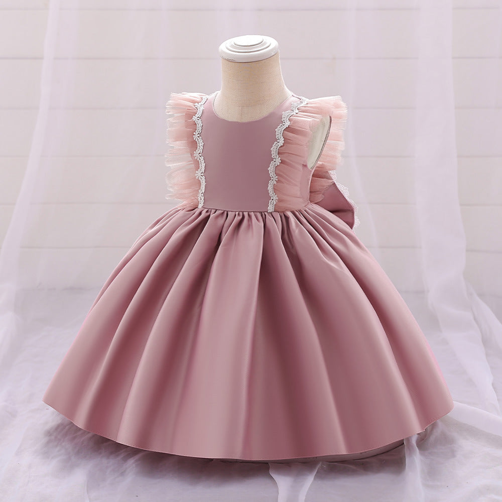 Cute Satin Lace A-Line Dress for Toddlers with Bow & Ruffles – Party & Wedding Princess Outfit