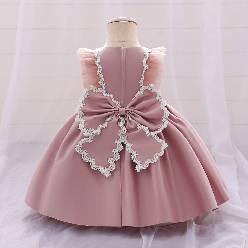 Cute Satin Lace A-Line Dress for Toddlers with Bow & Ruffles – Party & Wedding Princess Outfit